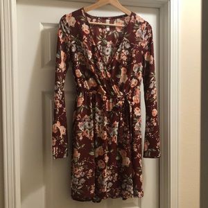 Floral pattern faux wrap dress with bell sleeves, Xhilaration, small